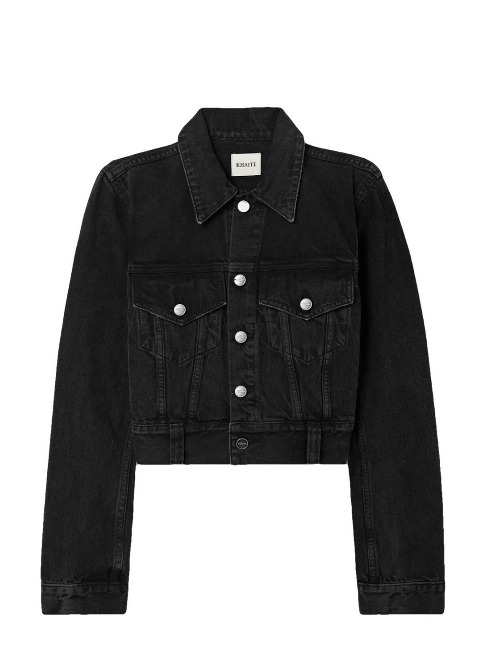 KHAITE Black Cropped Denim Jacket with Silver Buttons